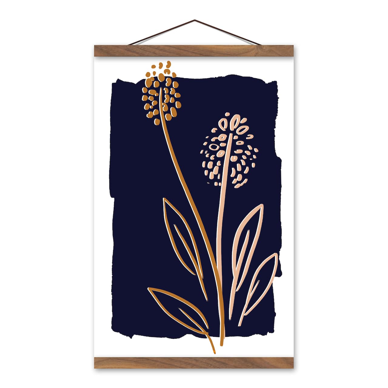Simple Floral On Navy 12" x 18" Teak Hanging Canvas